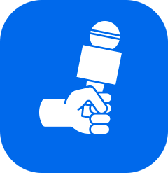 White hand holding a microphone on a blue background.