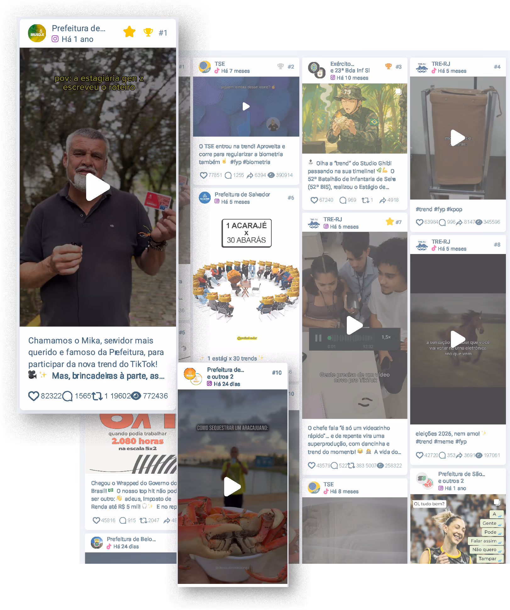 Collage of TikTok videos and posts from Brazilian government accounts showcasing various trends, public messages, and cultural references.