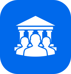 Three people silhouettes in front of a classical building with columns icon on blue background.