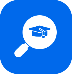Magnifying glass icon focusing on a graduation cap symbol on a blue background.