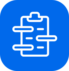 White clipboard icon with horizontal lines on a blue background.